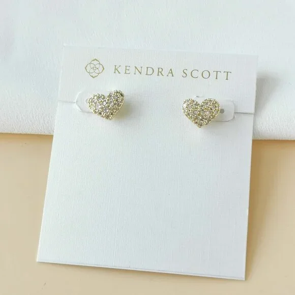 NEW Kendra Scott Ari Gold PAVE White Crystal Heart Earrings - Picture 1 of 3